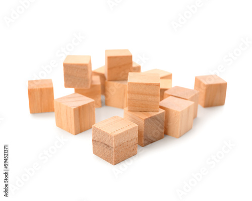 Heap of wooden cubes isolated on white background