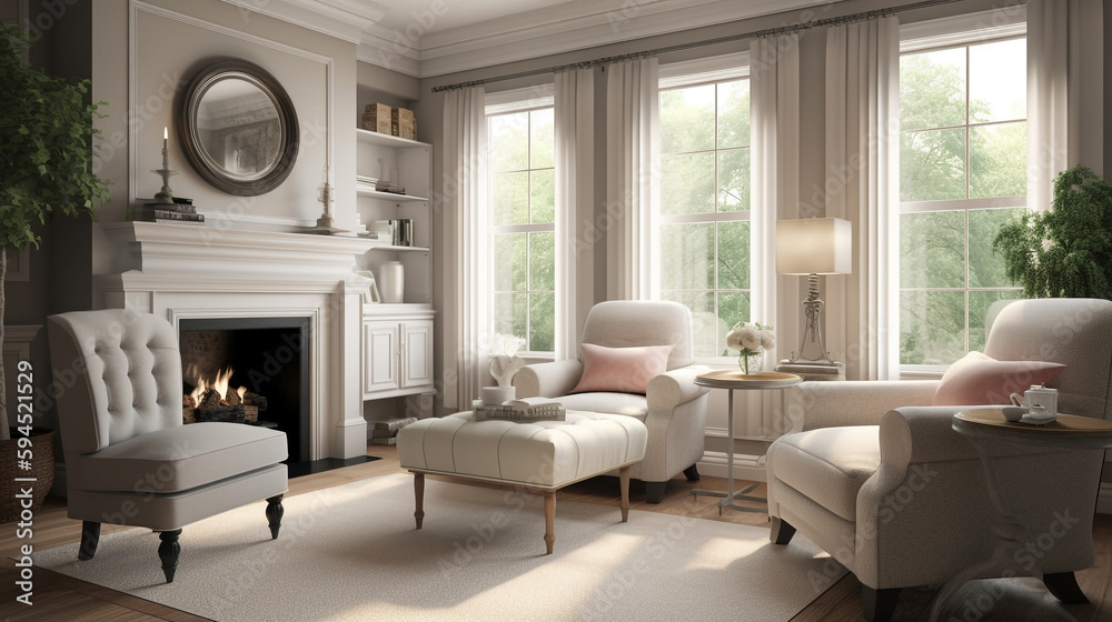 A traditional family room with a cozy fireplace, generative ai A traditional family room with a cozy fireplace, generative ai