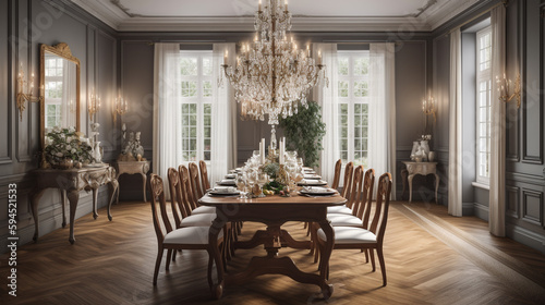A traditional dining room with a large wooden table, generative ai © Boinah