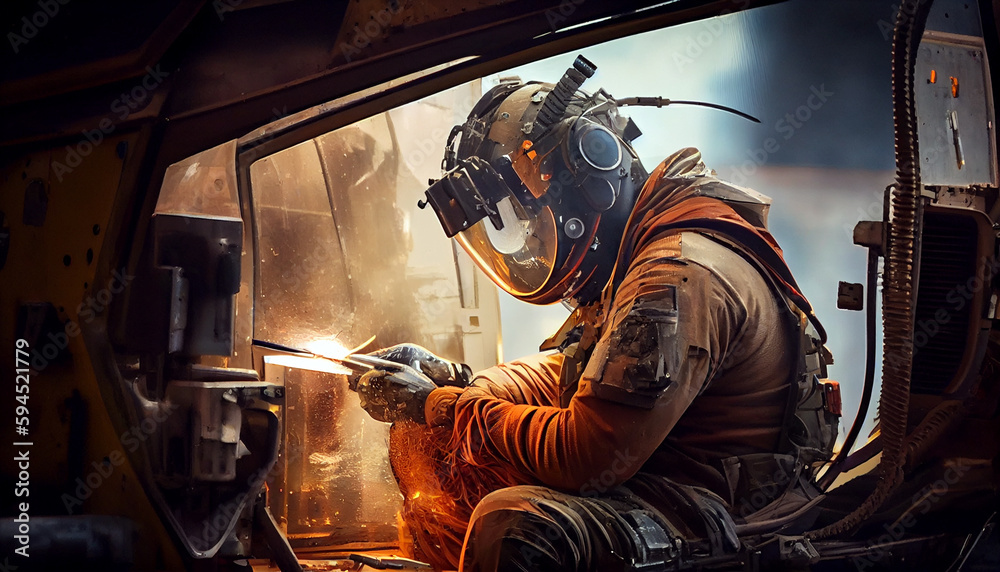 Skillful metal worker working with plasma welding machine in army workshop wearing safety equipment. Repair of a combat vehicle damaged in battle. Skillful metal worker working with plasma welding machine in army workshop wearing safety equipment. Repair of a combat vehicle damaged in battle.