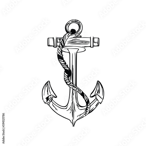 Sea anchor Hand drawn vector, line art anchor.
