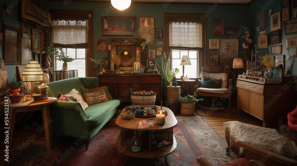 A vintage eclectic living room with a mix of patterns, generative ai