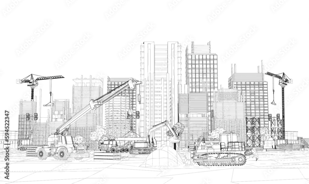 Skyscrapers in building process on the blueprints. Drawing city.Vector illustration