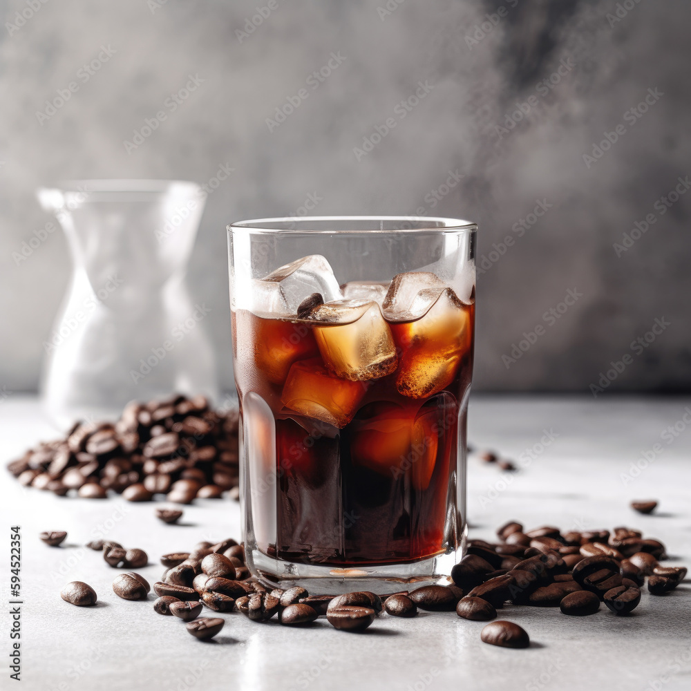 A beautifully captured shot of a cold brew coffee, perfectly set against a bright white backdrop, illuminating its rich, chocolaty tones and crisp, refreshing finish. - obrazy, fototapety, plakaty 
