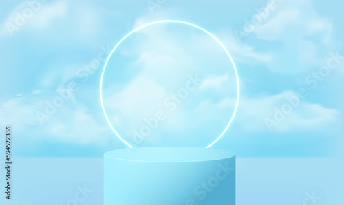 Background product display pastel blue rendered geometric shape with podium and minimal cloudy scene.Vector illustration