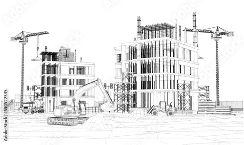 Skyscrapers in building process on the blueprints. Drawing city.Vector illustration