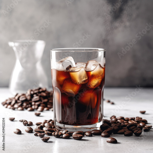 Photographie A beautifully captured shot of a cold brew coffee, perfectly set against a bright white backdrop, illuminating its rich, chocolaty tones and crisp, refreshing finish