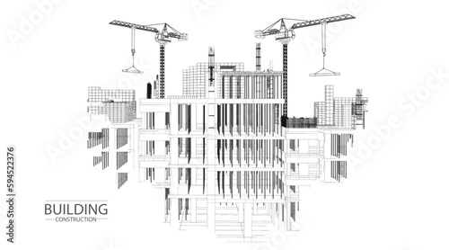 Skyscrapers in building process on the blueprints. Drawing city.Vector illustration