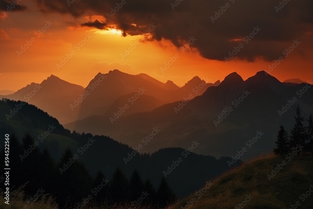 Obraz premium The sunset sky and the mountains in Switzerland. AI generative