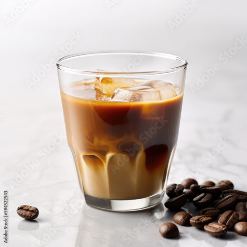 A perfectly chilled coffee on a white background, this photo captures the crisp, clean flavor of the drink, with a bright white background that accentuates its simplicity and elegance. 