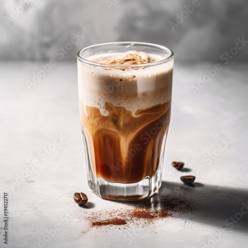 Stunning photo of a cold latte on a white background showcases the velvety texture of the drink and the contrast of rich tones against the bright setting.