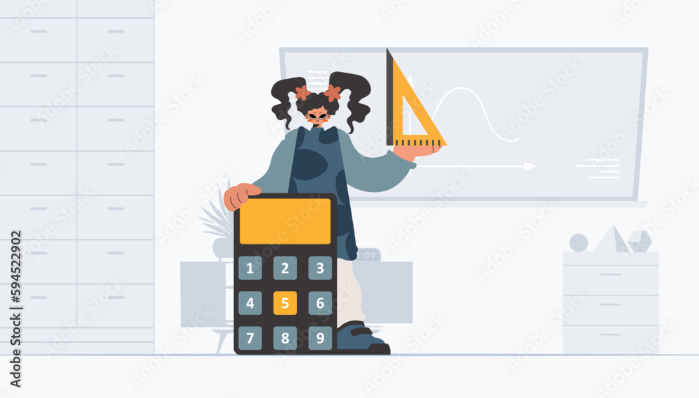 Energized lady holding a ruler and calculator, learning subject. Trendy style, Vector Illustration