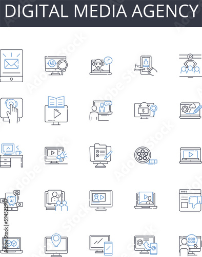Digital media agency line icons collection. Budgeting, Profit, Debt, Investment, Balance, P&L profit and loss, Credit vector and linear illustration. Ledger,Cash flow,Equity outline signs set