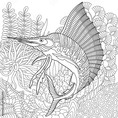 Underwater scene with a marlin fish. Adult coloring book page with intricate mandala and zentangle elements.