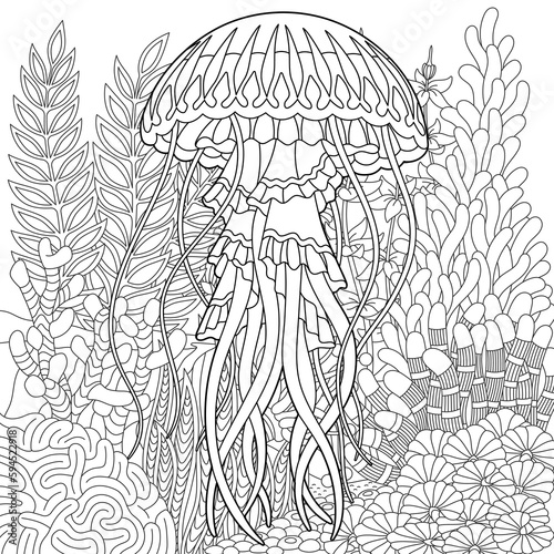 Underwater scene with a jellyfish. Adult coloring book page with intricate mandala and zentangle elements.
