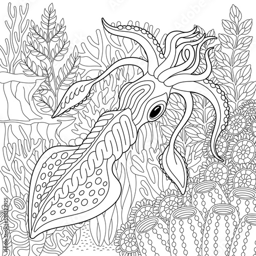 Underwater scene with a squid. Adult coloring book page with intricate mandala and zentangle elements.
