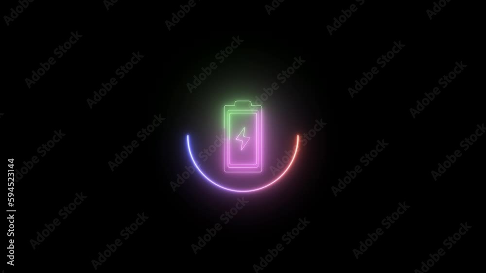 Glowing battery icon sign on black animation Glowing battery icon sign on black animation