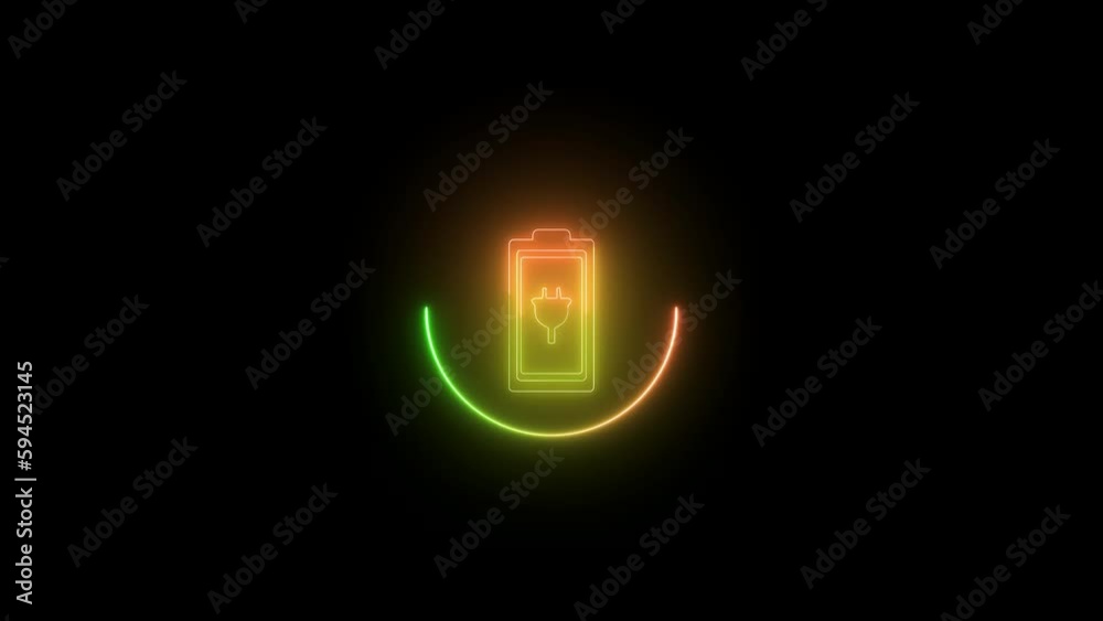 Glowing battery icon sign on black animation Glowing battery icon sign on black animation