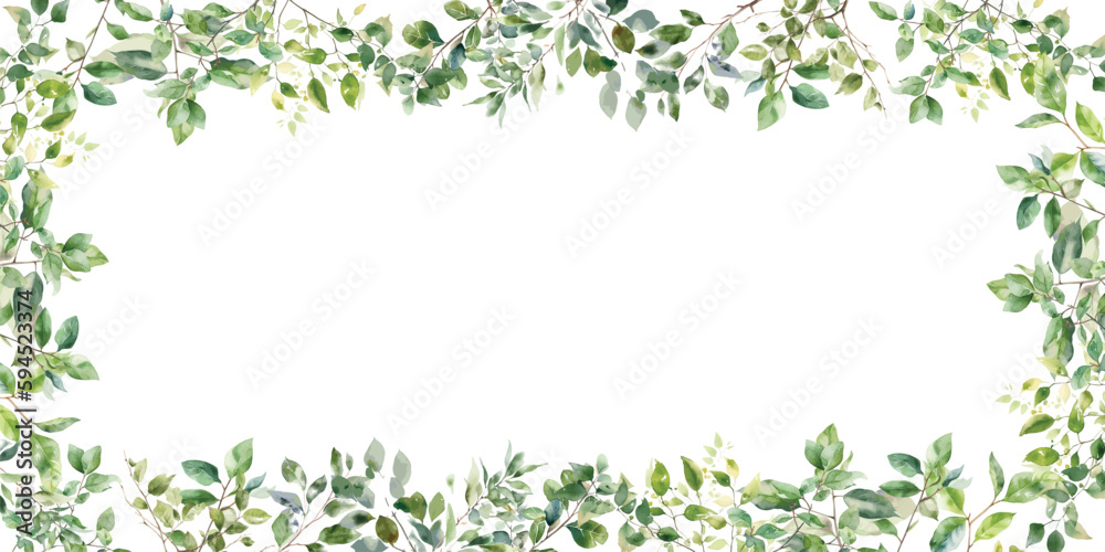watercolor leaves frame isolated on white background. Frame of green leaves on background with center space