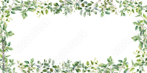 watercolor leaves frame isolated on white background. Frame of green leaves on background with center space