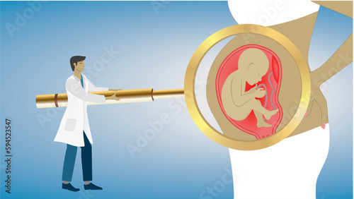 Focus on pregnancy. Man midwife, doctor, gynecologist with big golden magnifying glass looking at baby in womans belly. Dimension 16:9. Vector illustration.