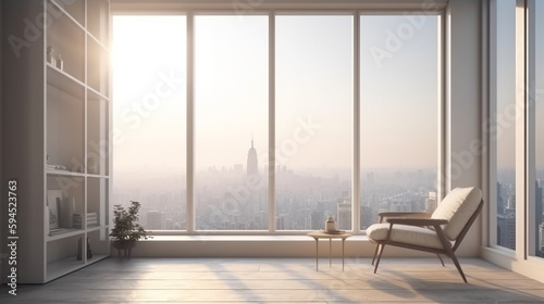 Room with a large window with a cityscape view, generative ai © Boinah