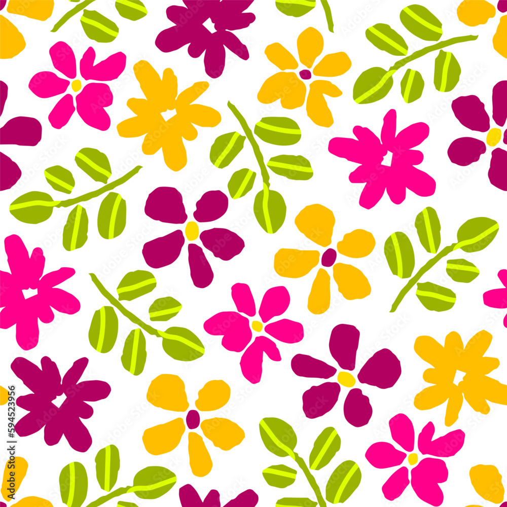 Simple floral vector seamless pattern. Bright pink, orange flowers, green twigs on a white background. For fabric prints, textiles, apparel, home decor. Simple floral vector seamless pattern. Bright pink, orange flowers, green twigs on a white background. For fabric prints, textiles, apparel, home decor.