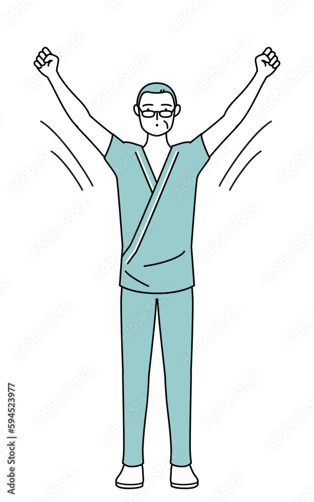 ラジオ体操をする中年・シニア男性入院患者