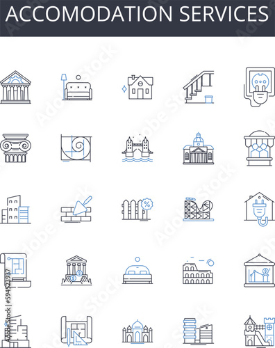 Accomodation services line icons collection. Lodging facilities, Housing options, Room rentals, Shelter services, Boarding homes, Hospitality services, Overnight stays vector and linear illustration