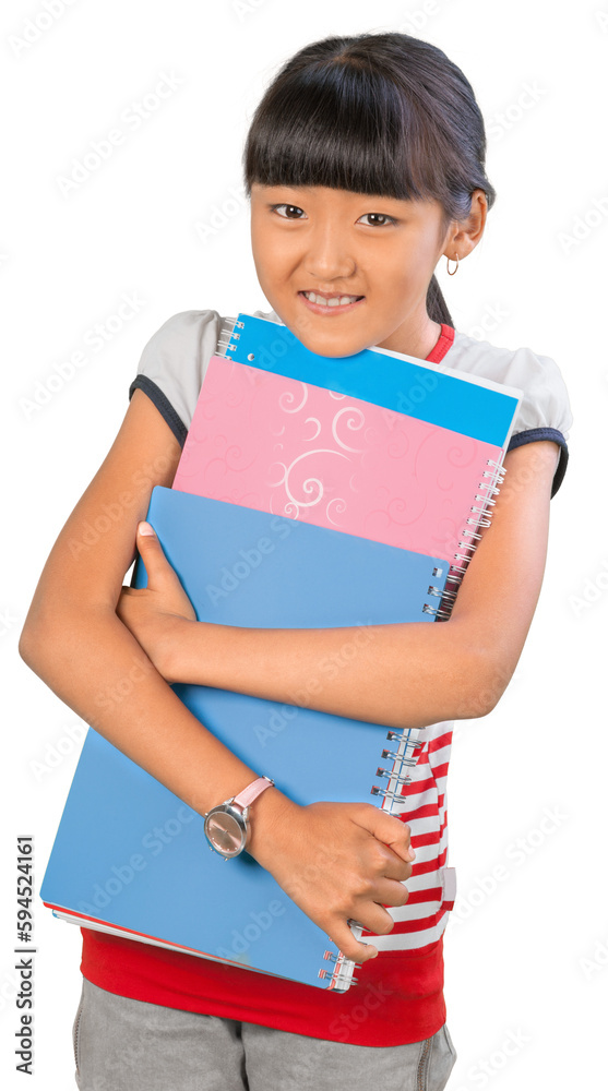 Young Asian girl wearing a backpack and carrying notebooks Young Asian girl wearing a backpack and carrying notebooks