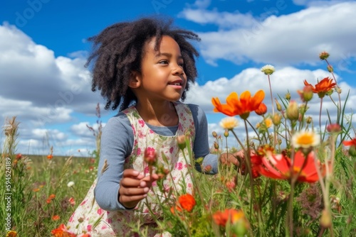 A smiling African American girl playing in field of colorful spring flowers