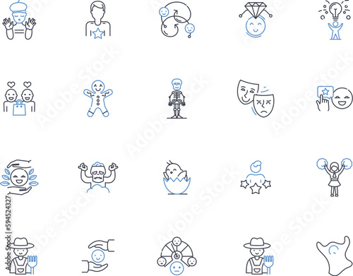 Hilarious individuals line icons collection. Comedian, Clown, Jester, Trickster, Prankster, Satirist, Wit vector and linear illustration. Humorist,Goofball,Buffoon outline signs set