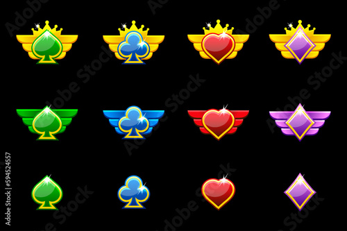 Set of award badges for casino and 2D game. Ranking game icons - heart, spade, club and diamond