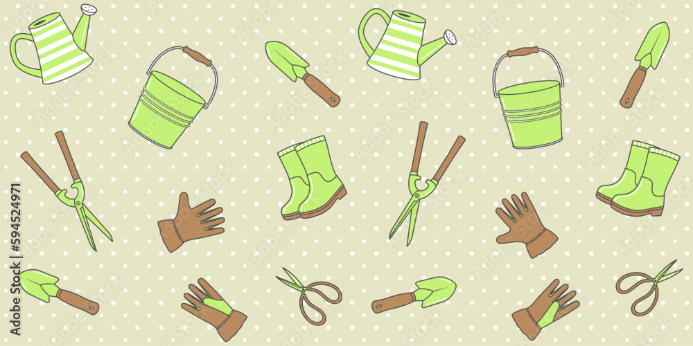 Green and brown garden tools on a beige polka dot background. Spring endless texture with farming equipment. Vector seamless pattern for garden shop, centers, wrapping paper, surface texture and print