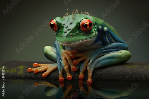 A green frog with red eyes sitting on a branch created with Generative AI technology