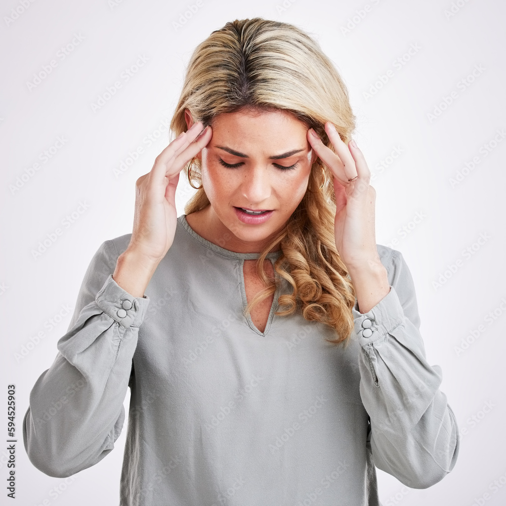 Stress, anxiety and woman in studio with headache, brain fog and pain against grey background. Migraine, depression and female suffering from problem, vertigo and burnout, frustrated and tired Stress, anxiety and woman in studio with headache, brain fog and pain against grey background. Migraine, depression and female suffering from problem, vertigo and burnout, frustrated and tired