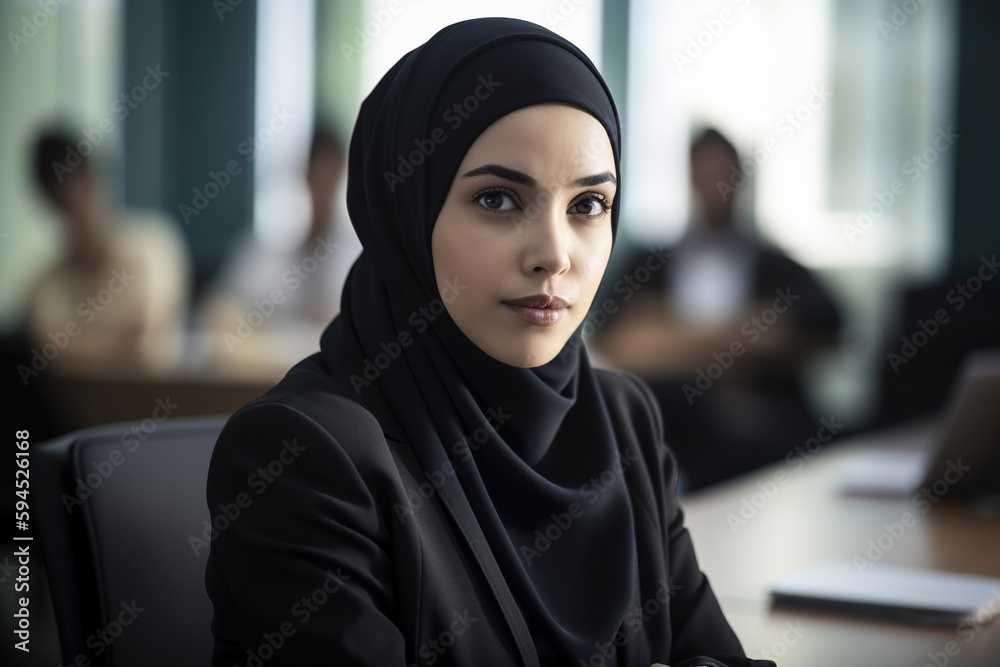 Portrait of young muslim businesswoman sitting at her desk in office, Generative AI Portrait of young muslim businesswoman sitting at her desk in office, Generative AI