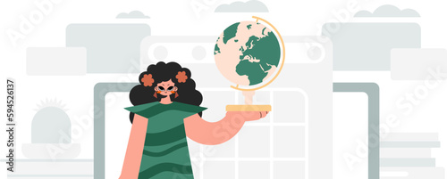 Energized lady holding a colossal globe, learning subject. Trendy style, Vector Illustration