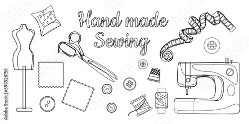 Needlework concept. Various sewing tools. Needles, scissors, yarn, sewing machine, buttons, spools, threads etc. Hand drawn colored vector set. Cartoon style, flat design. All elements are isolated