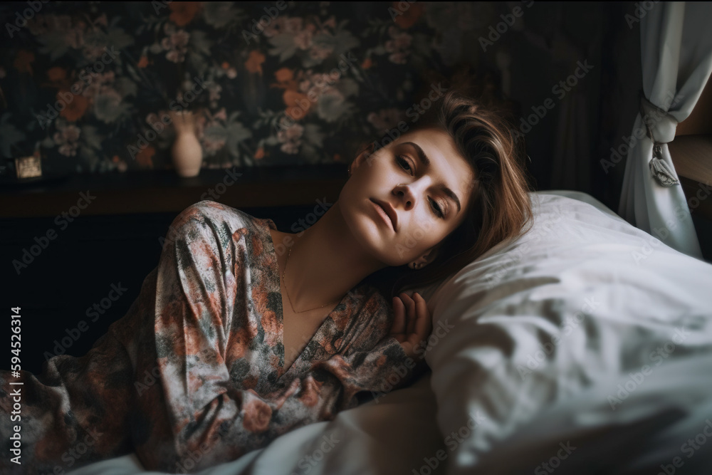 Beautiful young woman sleeping in bed at home. Lazy morning concept. Generative AI