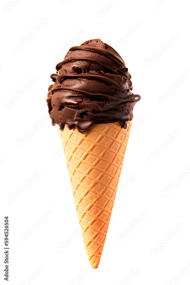 Chocolate ice cream in a waffle cone with chocolate syrup, isolated on a white background. Generative AI Chocolate ice cream in a waffle cone with chocolate syrup, isolated on a white background. Generative AI