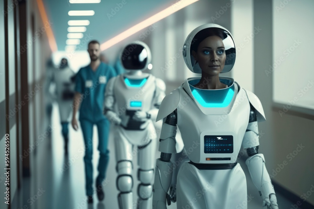 nurse assistant robot which simulates a world in the future where humans live together with robots In the background of people walking on missions in the hallway of a hospital with people.
