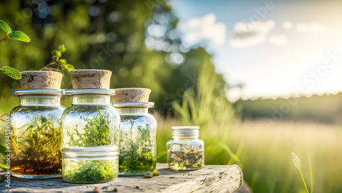 Glass medical jars with natural tinctures on wild herbs on wooden table on blurred lanscape background. Healing herbs assortment. Herbal apothecary. Alternative medicine. Front view. Generative ai photo