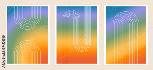 Set of abstract posters with thin linear outline rainbow. Contemporary minimalist background in trendy retro style. Pride blurred gradient wall decor, art print with LGBT symbol. Vector illustration.