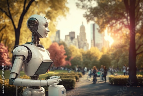 nurse assistant robot which simulates a future world where words coexist with robots In the background is a picture of people walking in a park with buildings and trees, technology and human