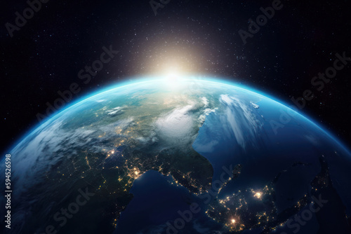 Earth and dazzling flares, global image, Generative AI © HiroSund