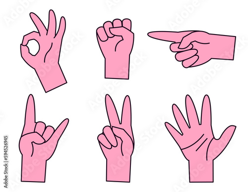 Set of hands with different gestures. Body parts in lineal flat style.