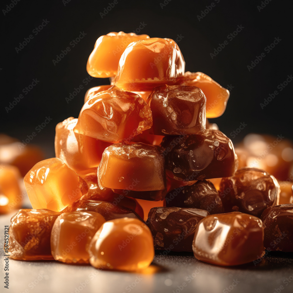 A stack of caramel candies, captured in a stunningly cinematic shot ...