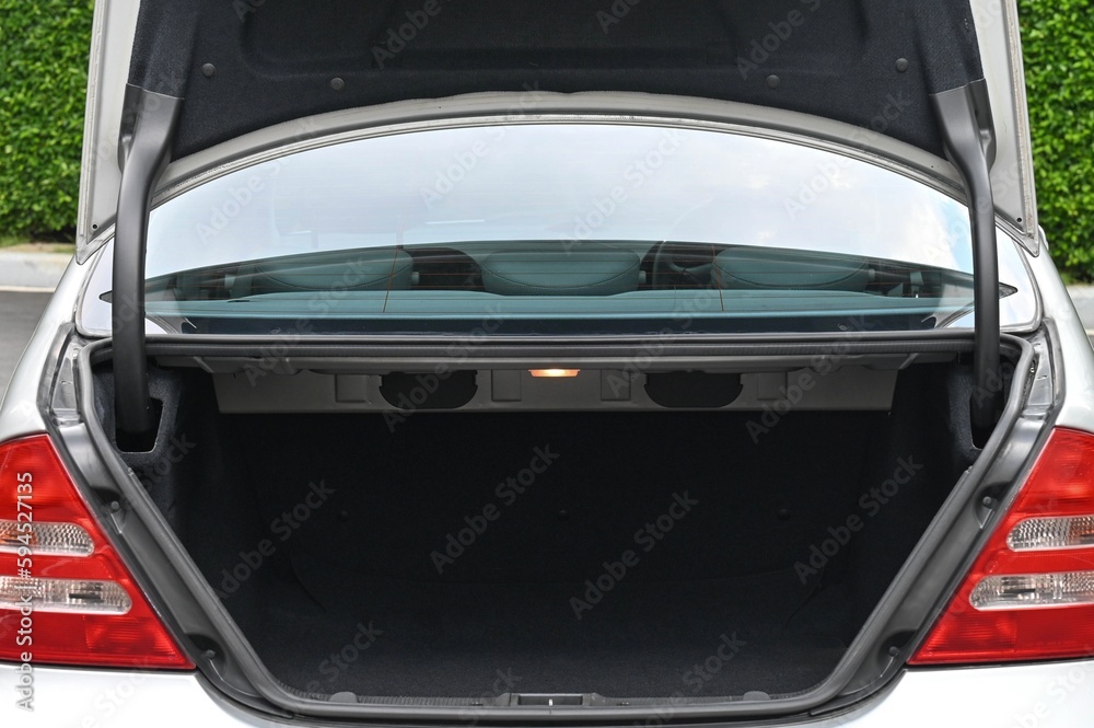 rear view of the car open trunk The exterior of a modern, modern car empty trunk