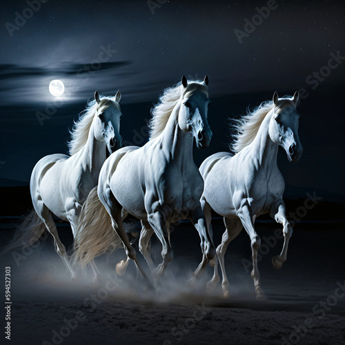 white horses on the beach in the moonlight night, generative ai